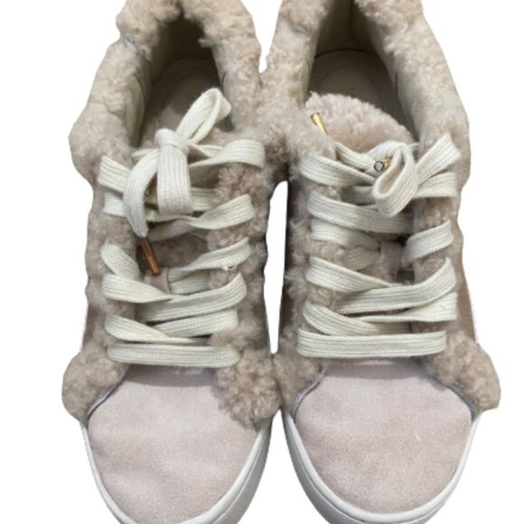 Michael Kors Women’s Poppy Suede Shearling Lace-Up Ivory Tan Sneakers Size 7.5 - Picture 4 of 12